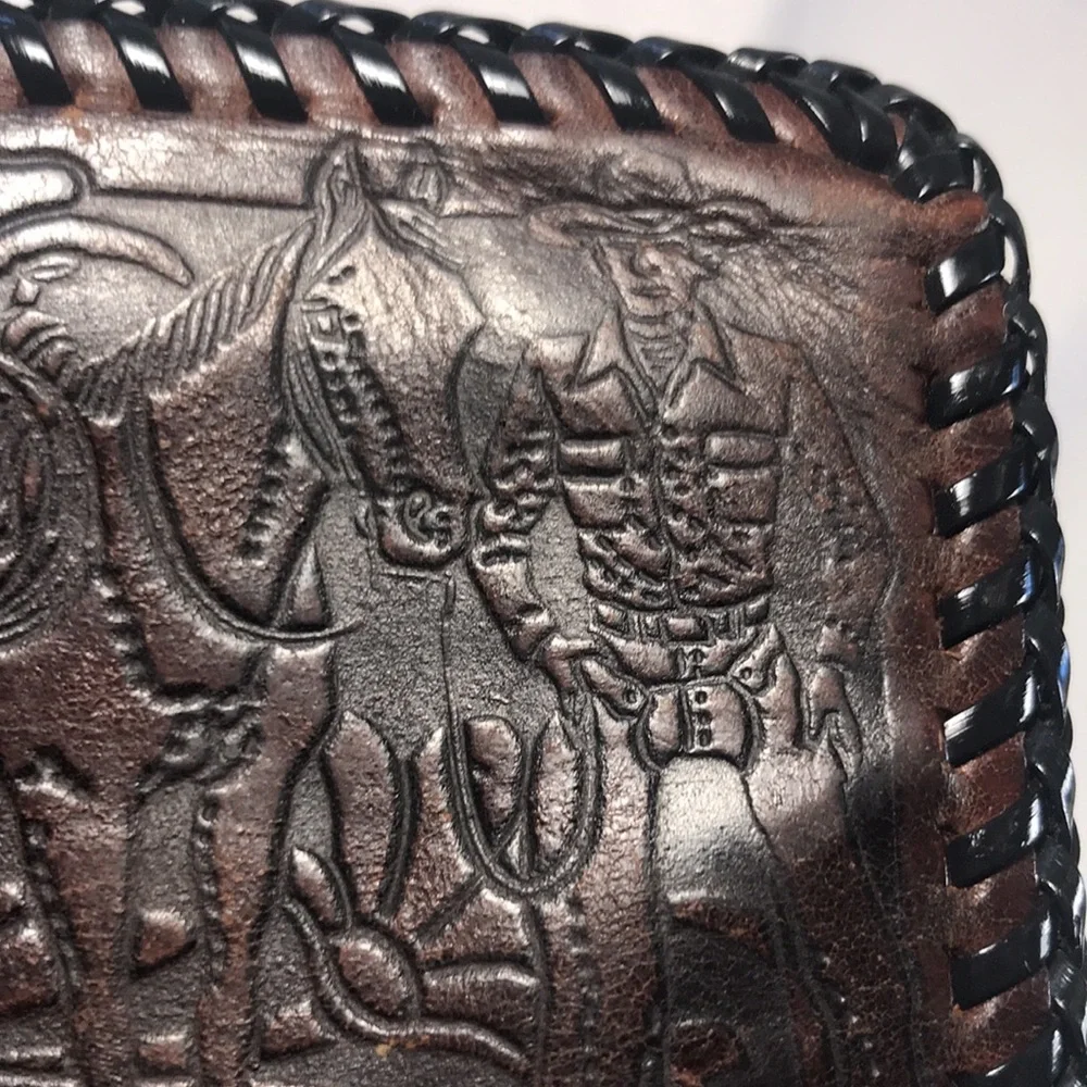 Vintage Handmade Tooled  Brown Leather Western Cowboy Horse and Flowers Wallet